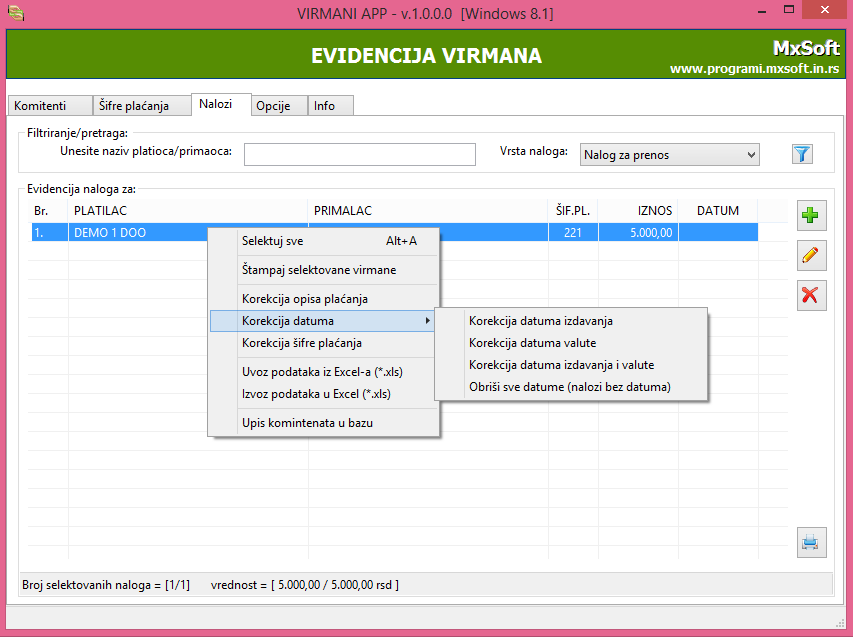 Evidencija virmana i platnih naloga