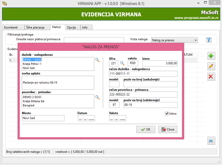 Program za štampanje virmana - nalog za prenos