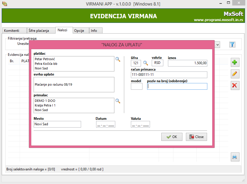Program za štampanje virmana - nalog za uplatu