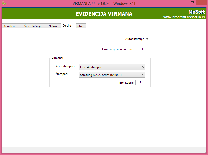Podešavanje štampe virmana