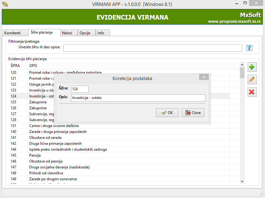 Šifre plaćanja za naloge i virmane